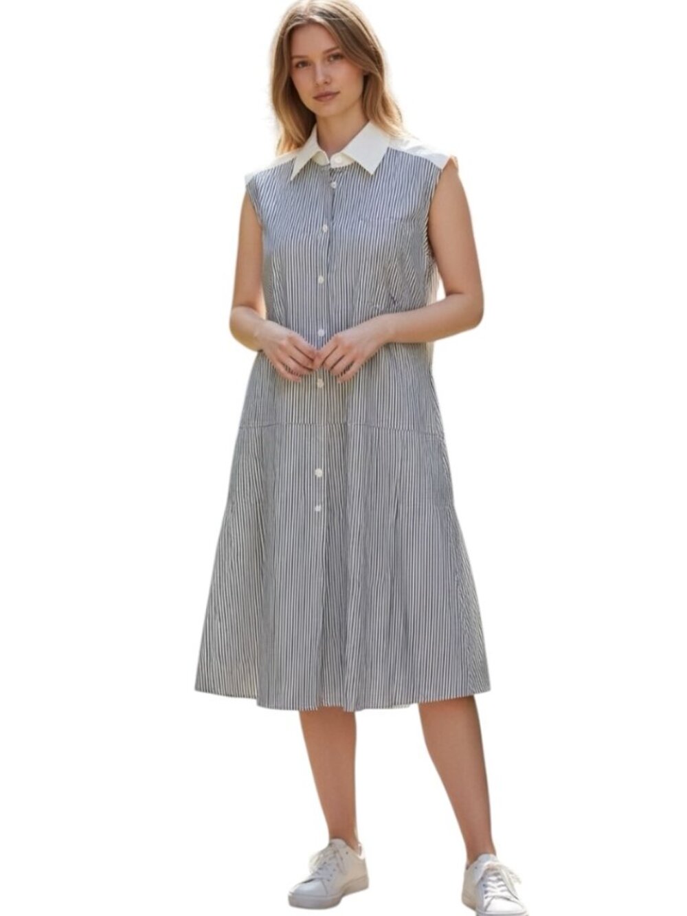Uniqlo JW Anderson Dress Womens S Blue White Stripe Sleeveless Shirt Dress Prepp